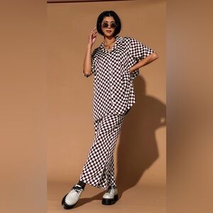 Dressed in LALA Dream So Big Satin Top + Pants Set in Brown Cream Check